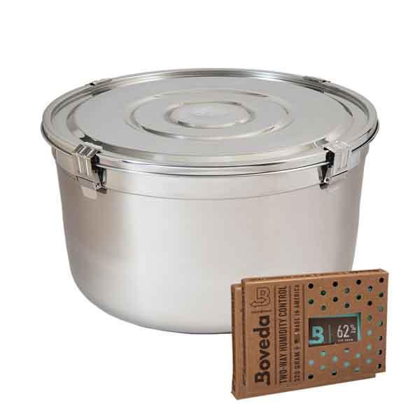 The CVault 50 Liter Humidity Control Airtight Metal Stash Container by CVault is shown with a Boveda 62% humidity pack, providing optimal airtight, food-grade storage and precise humidity control.